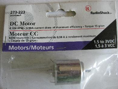 Radio Shack DC motor - 1.5 to 3 volts, 0.98 amps maximum current draw used for a Van de Graaff generator.