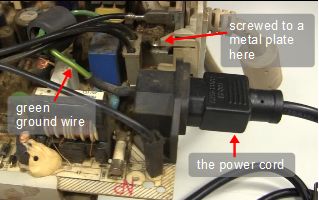 The PC monitor's green ground wire and where it connects.