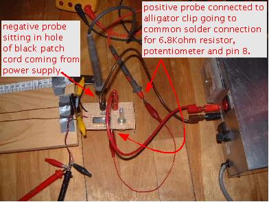 Showing how the digital meter is connected for measuring the
      UHF oscillator control voltage during the lecher line test.