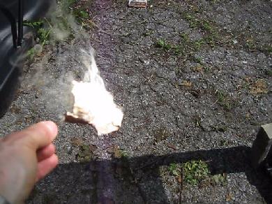 A dry leaf smoldering at the focal length of my 2'x4' fresnel lens.