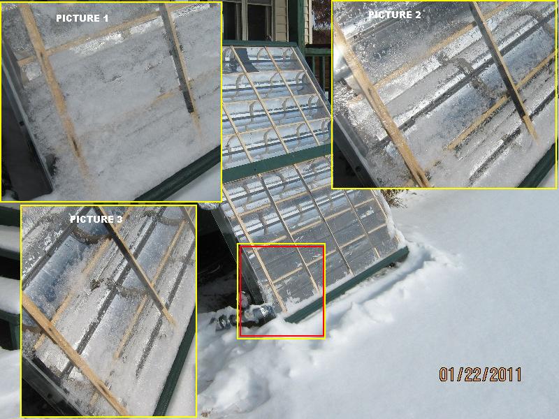 Progression with parabolic solar collectors as snow melts assisted by strips of black tape.