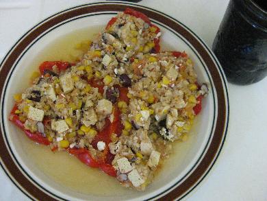 Stuffed pepper thawed out and cut up for solar cooking.