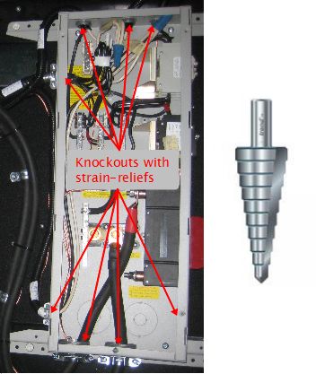 E-Panel at a later stage, but showing knockouts with strain reliefs, and a stepped drill bit.