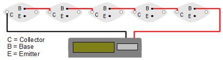 Circuit diagram for my solar panel made of solar cells made from 2N3055 power transistors for powering my calculator.