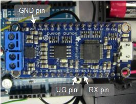 Pins for putting the Adafruit Audio FX Sound Board into UART 
      mode, including the UG, RX and a GND pin, top view.