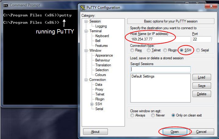 Running PuTTY from a Windows Command Prompt window.