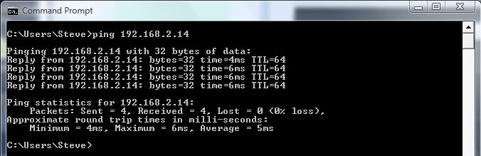 Pinging the Raspberry Pi from a Windows Command Prompt window.