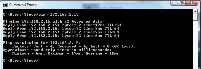 Pinging the Raspberry Pi from a Windows Command Prompt window.