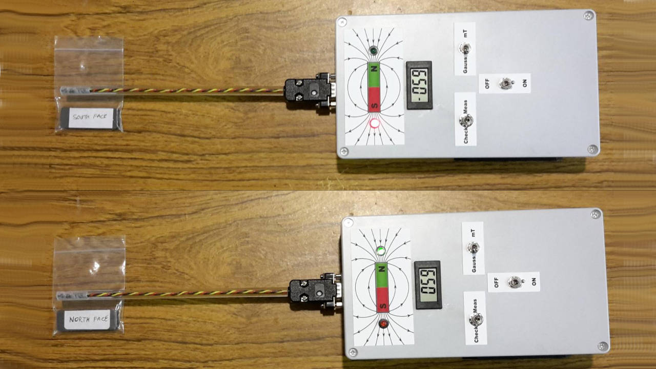 Calibration check for the DIY gauss/mT meter. The unit using the 400 Gauss Probe in operation, exposed to the North and South poles of the same magnet.