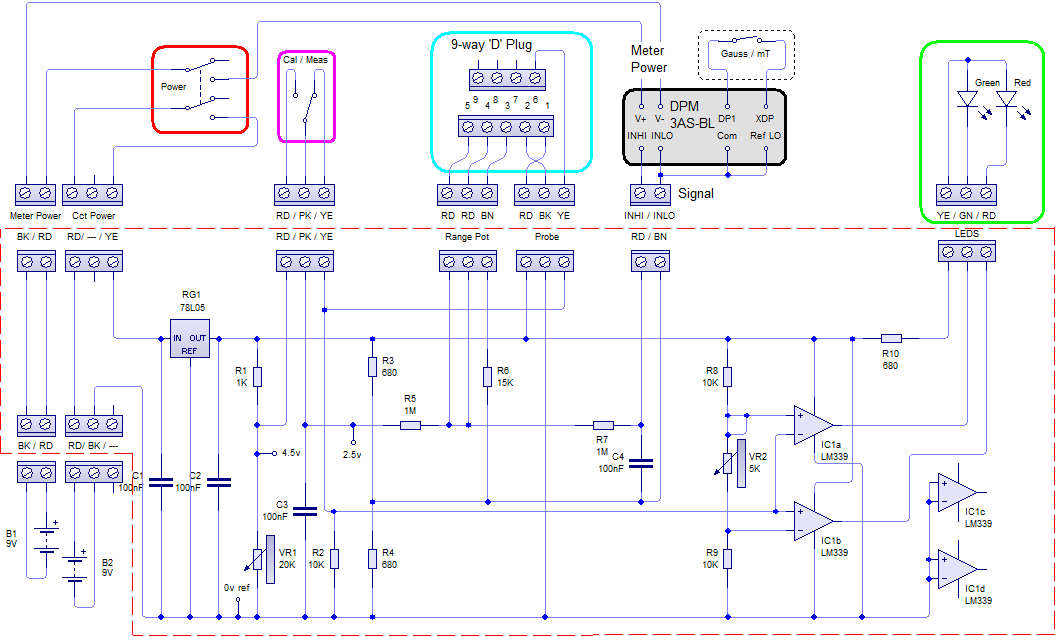 Gauss Meter Circuit Diagram, showing all off-board connectors (Probes plug into the 9-way 'D' Plug)