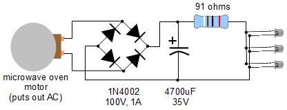 The circuit added to the gravity light to get more power and light three LEDs.