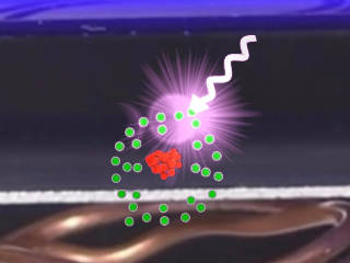 Photo of the photo electric effect experiment overlayed with a drawing of a photon knocking an electron free.