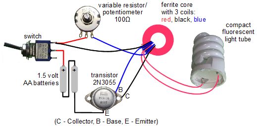 Circuit diagram for Jeanna's light variation of joule thief circuit.