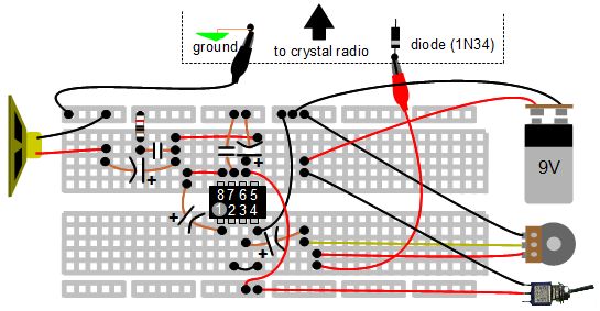 The homemade/DIY crystal radio amplifier layout on a breadboard.