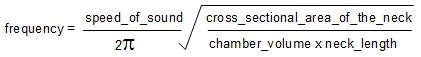 frequency = (speed_of_sound/2pi) x the square root of (cross_sectional_area_of_the_neck/(chamber_volume x neck_length))